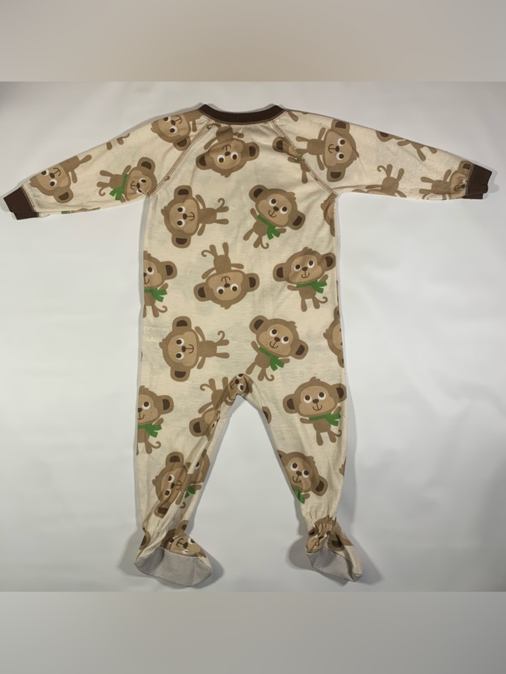 Cream Monkey Print Footed One-Piece with Green Accent